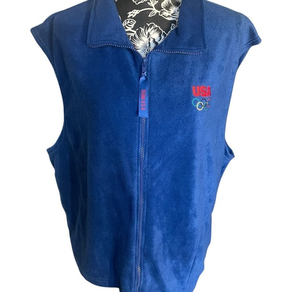Vintage Authentic Team USA Olympic Committee Full Zip Blue Fleece Vest Size XXL